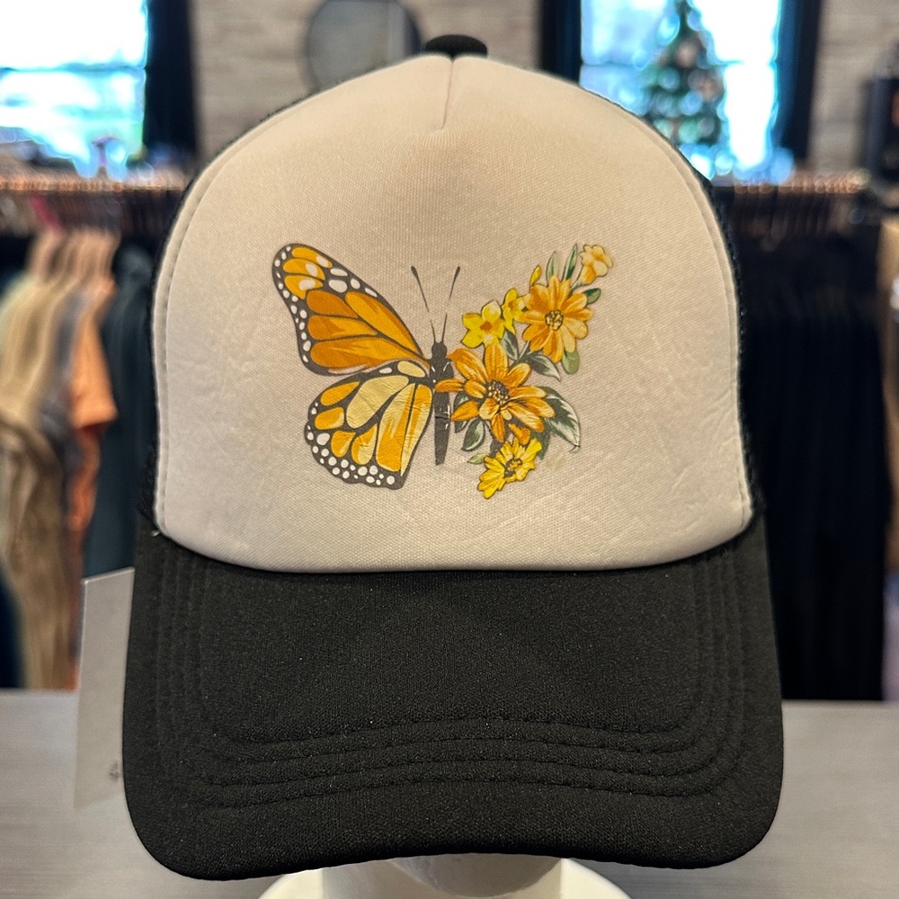 Butterfly and Floral Women's Trucker Hat - Black and White